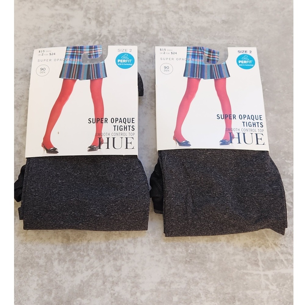 Hue Super Opaque Tights 2 Pack Graphite Heather Size 2 Smooth Control Top 90 Den